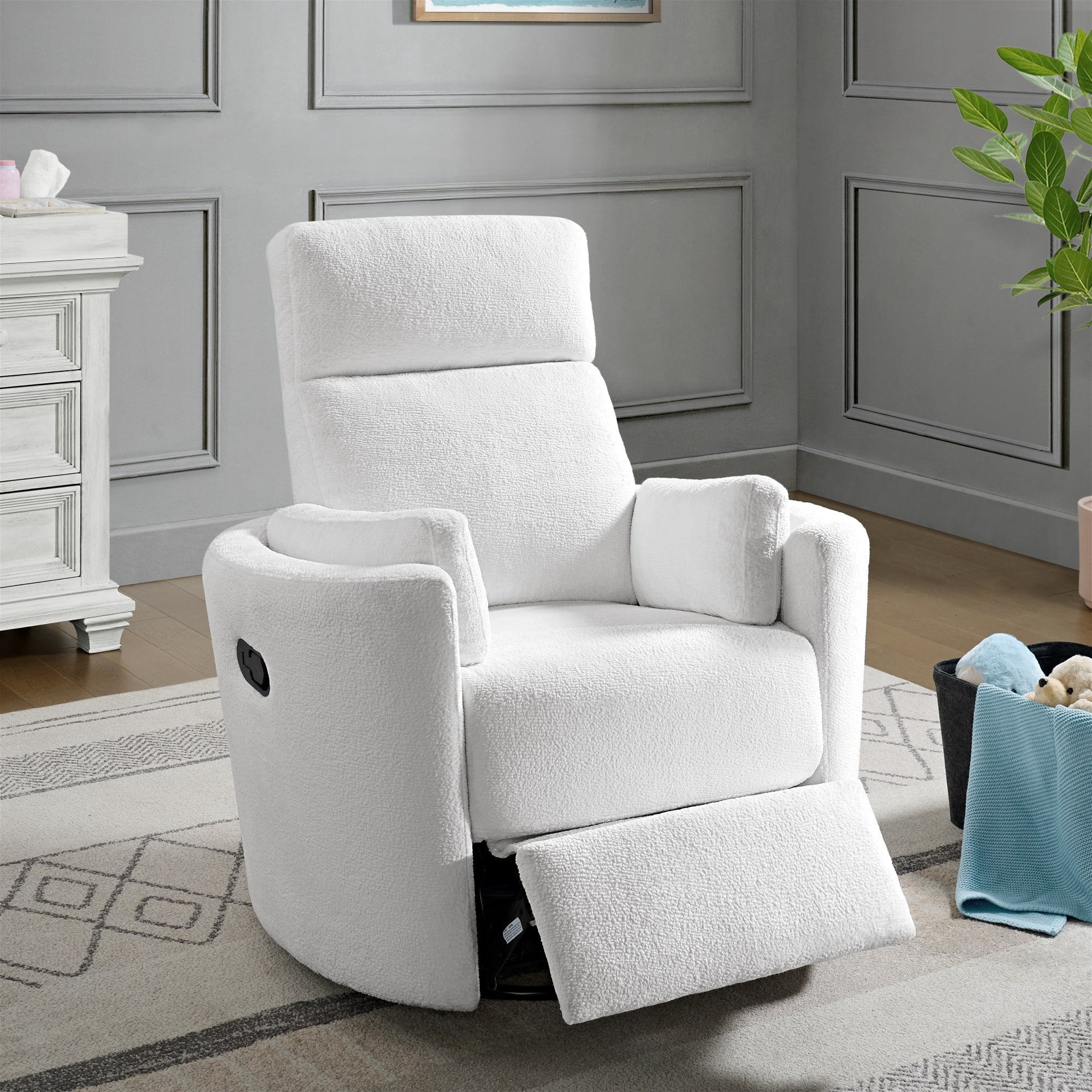 Soho Baby Nottingham Upholstered Glider Recliner Rocking Chair 360° Swivel for Nursery and Living Room – Plush White​