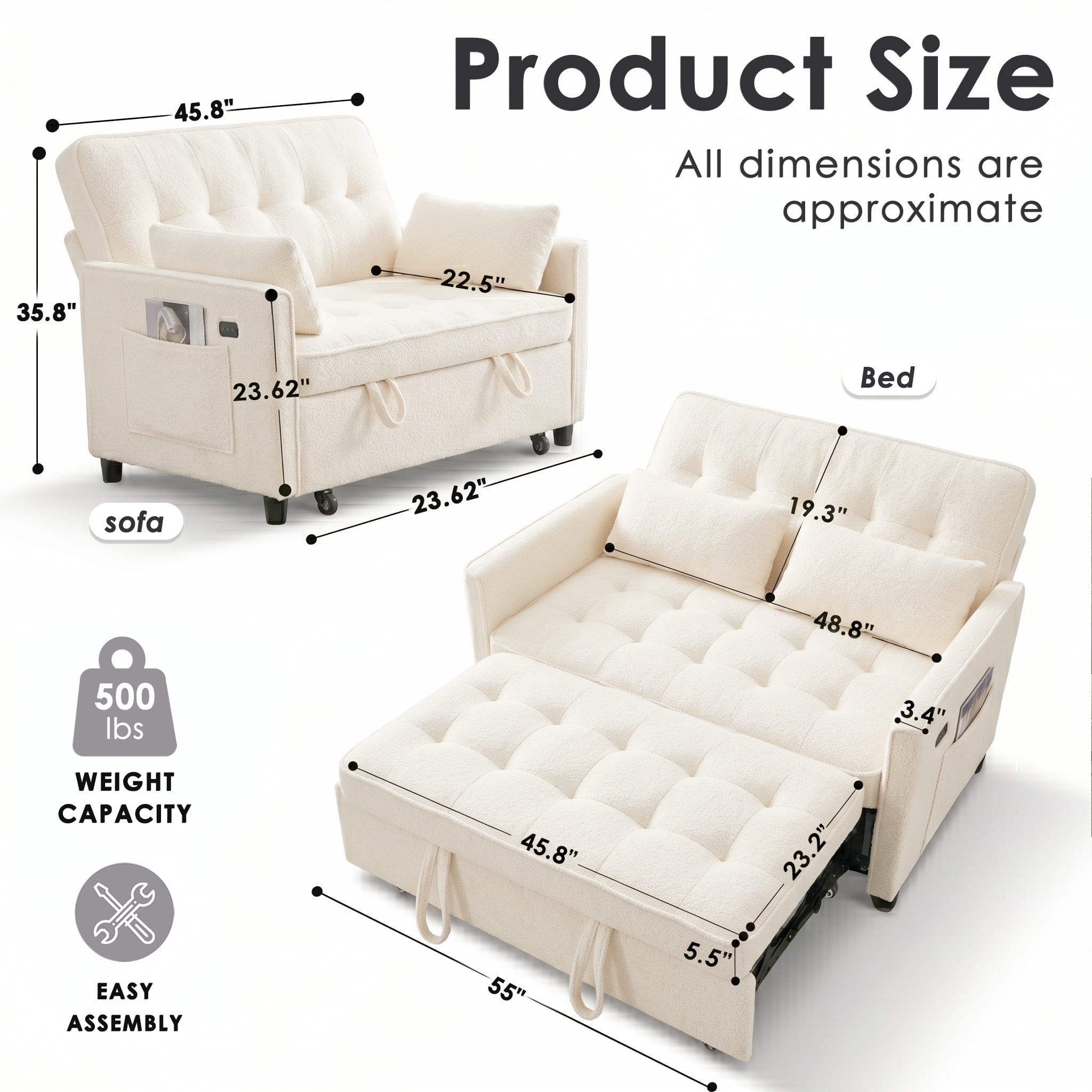 avobird 54'' 3 in 1 Pull Out Sofa Bed, Convertible Couch with Adjustable Backrest/Side Pockets/USB Charging Ports, Sleeper Sofa for Living Room, Beige