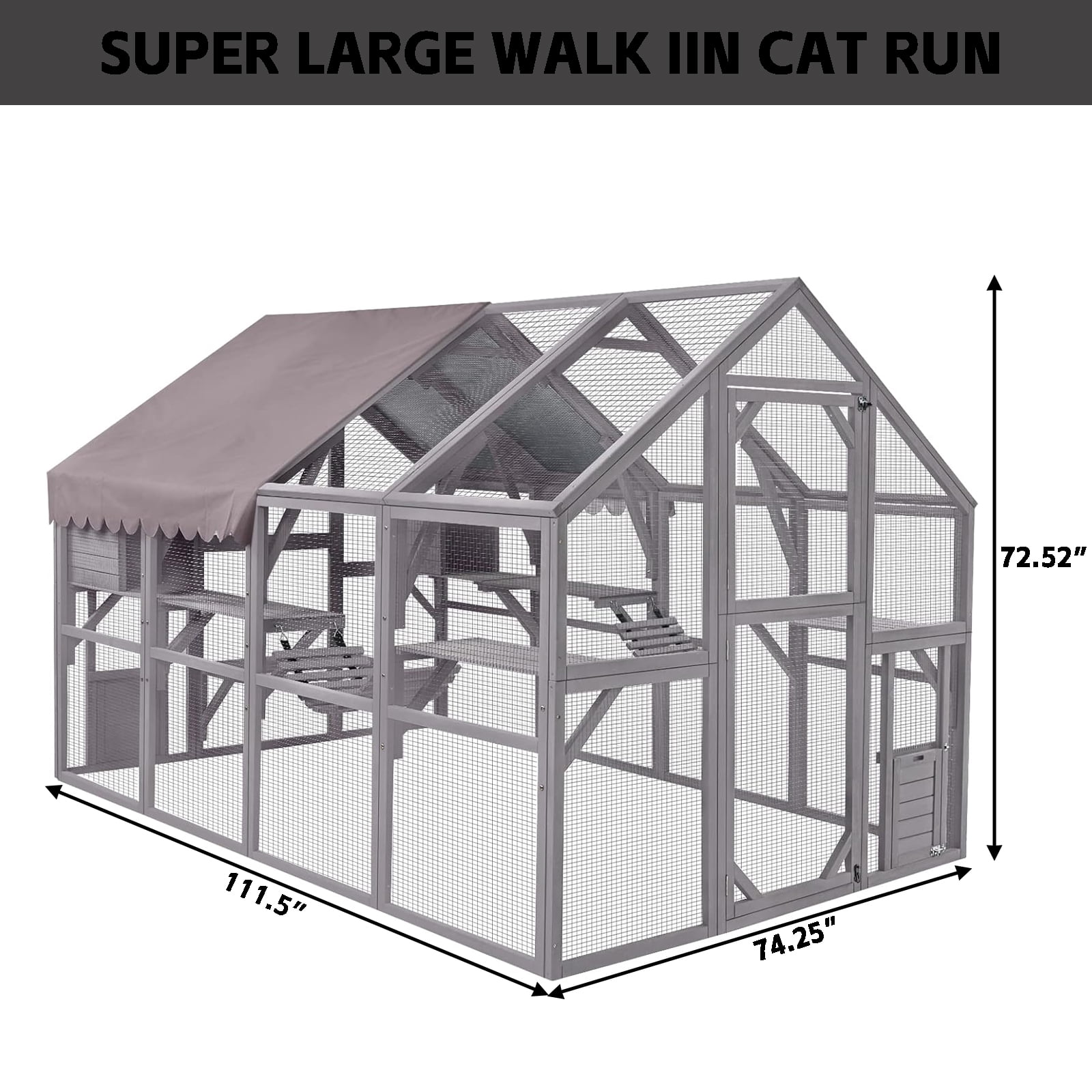 MEWANG Outdoor Cat Catio with Plant Platform-110"Large Kitten Playpen with Playful Perch, Upgrade Waterproof Cover-grey