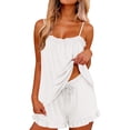 thumbnail image 2 of Women's Solid Satin Bridal Two Piece Pajama Sets, Ruffle Spaghetti Strap Tank Top & Elastic Waist Shorts, Romantic Glossy Fabric Ideal For Wedding Spa Daily | TruHer,White L, 2 of 7