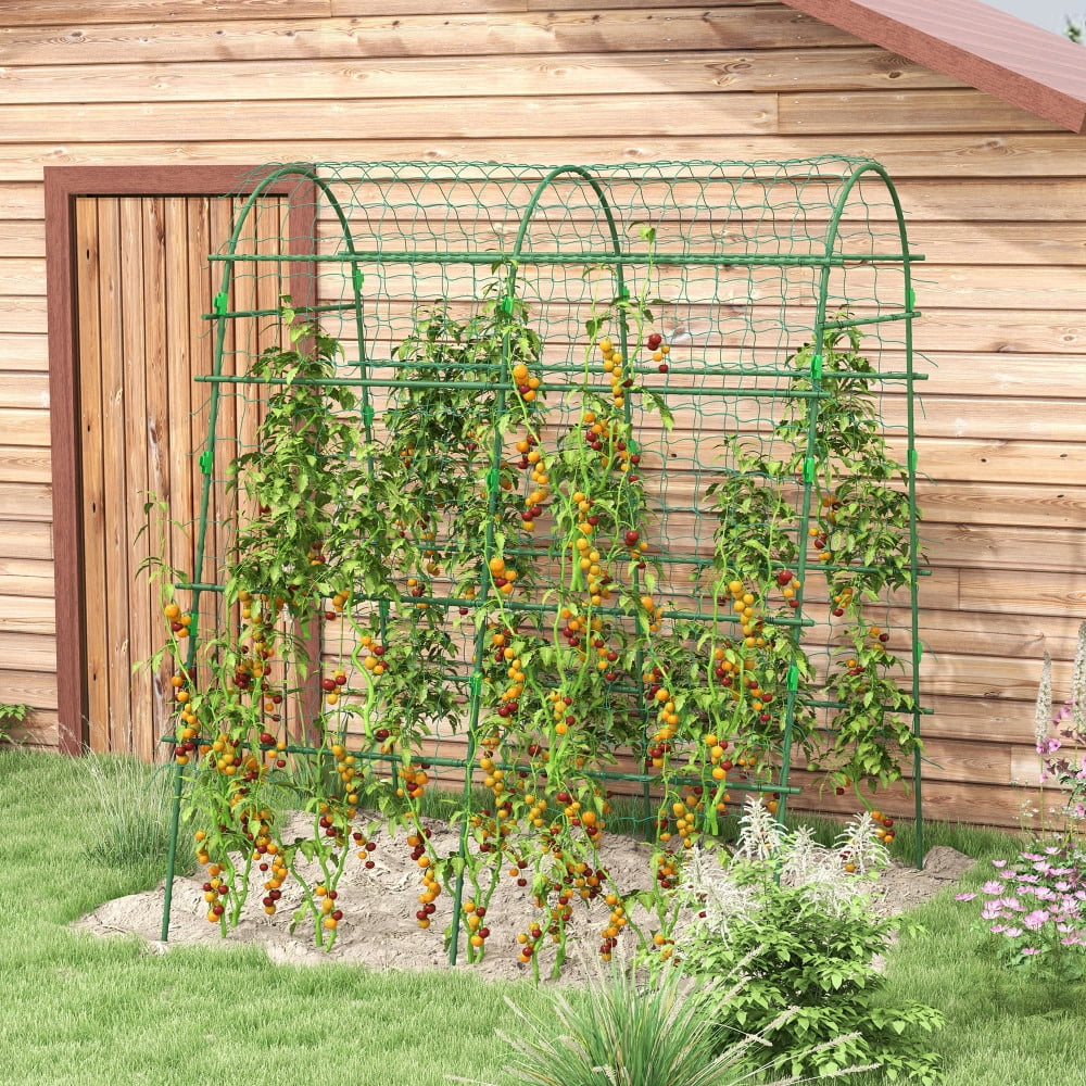 ZHICHUN 6.8ft Tall A-Frame Arch Cucumber Trellis Plastic Coated Steel Climbing Plant Support with Net Adjustable Garden Arch Trellis for Vegetables Peas Fruit Vines Green