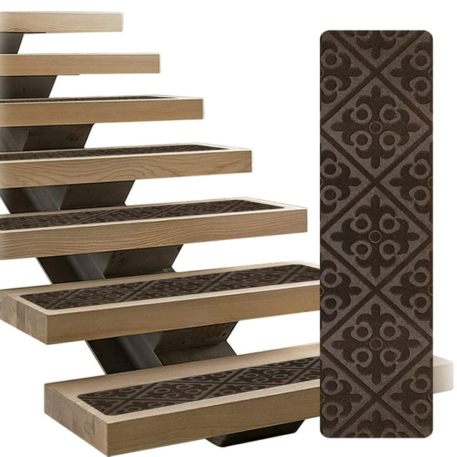 LINCONSON 15 Pack Emboosed Brown Anti Slip Carpet Stair Tread | 8” x 30” | Removable and Washable Runners for Stairs with Adhesive Free Rubber Backing