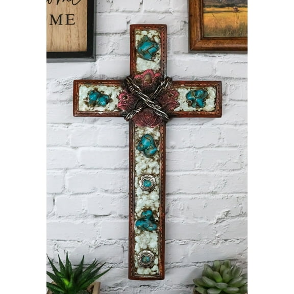 Rustic Western Crackled Turquoise Stones On White Rocks Barbed Wires Wall Cross