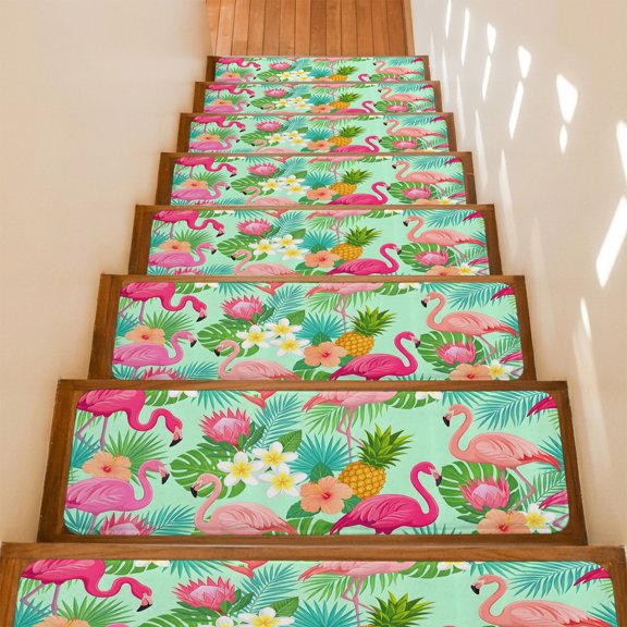 Pink Flamingos Stair Treads Non Slip for Steps Tropical Palm Leaf Hibiscus Flower Green Plant 4 Pcs Reusable Adhesive Stair Runner Mats for Dogs Elders Carpet Treads Rugs for Staircase 8x30 In