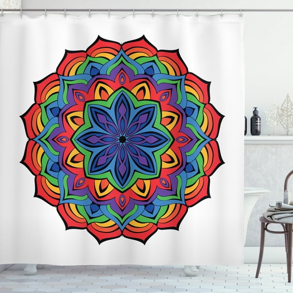 Rainbow Mandala Shower Curtain, Composition of Thriving Exotic Spring Flower in Oriental Mandala Design, Fabric Bathroom Set with Hooks, 69W X 84L Inches Extra Long, Multicolor, by Ambesonne