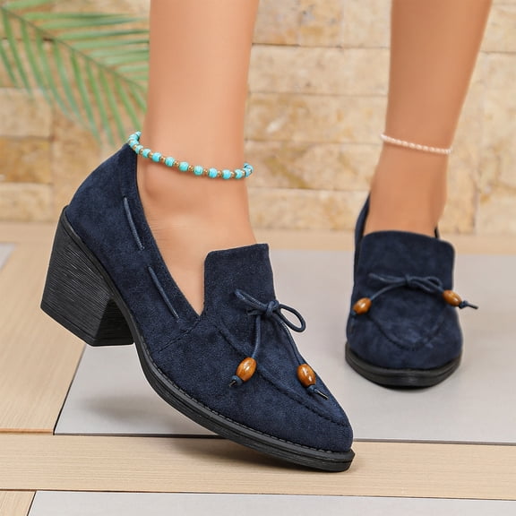 Women Chunky Low Heel Loafers Bow Suede Slip On Closed Square Toe Loafer Shoes Oxfords Comfy 1" Block Heels Dress Shoes Pumps Office Work Pumps Retro Casual Cute