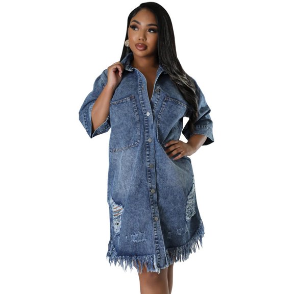 Women's Denim Fringe Shirt Dress, Short Sleeve Button Front Plus Size Midi Dress