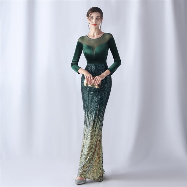 Vestido de noche de cola de pez de manga larga para mujer Atmósfera de alta gama Elegante Banquete Reunión anual Temperamento Terciopelo Aura Reina