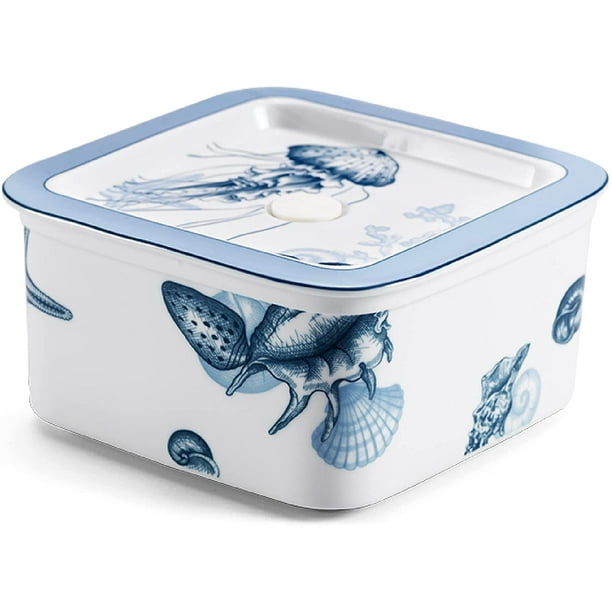 Classic Print Porcelain Food Container With Lid 6 X Inch Secure Lock Storage Box For Eating Serve Dish Lunch Breakfast Travel To Go Portable Home Kitchen Dinner Tableware White Blue Classic Print Porcelain Food Container, White Porcelain Food Storage Containers