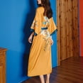 thumbnail image 2 of SWSMCLT Women's Belt Bath Robe Calf Length Bathrobe Medium Bathrobes Bridal Chic Drop Shoulder Comfy Luxury Mustard Yellow Small-X-Large, 2 of 4