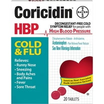 Coricidin HBP Multi-Symptom Cold & Flu Relief Tablets, for High Blood Pressure, 20 Count