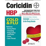 Coricidin HBP Multi-Symptom Cold & Flu Relief Tablets, for High Blood Pressure, 20 Count