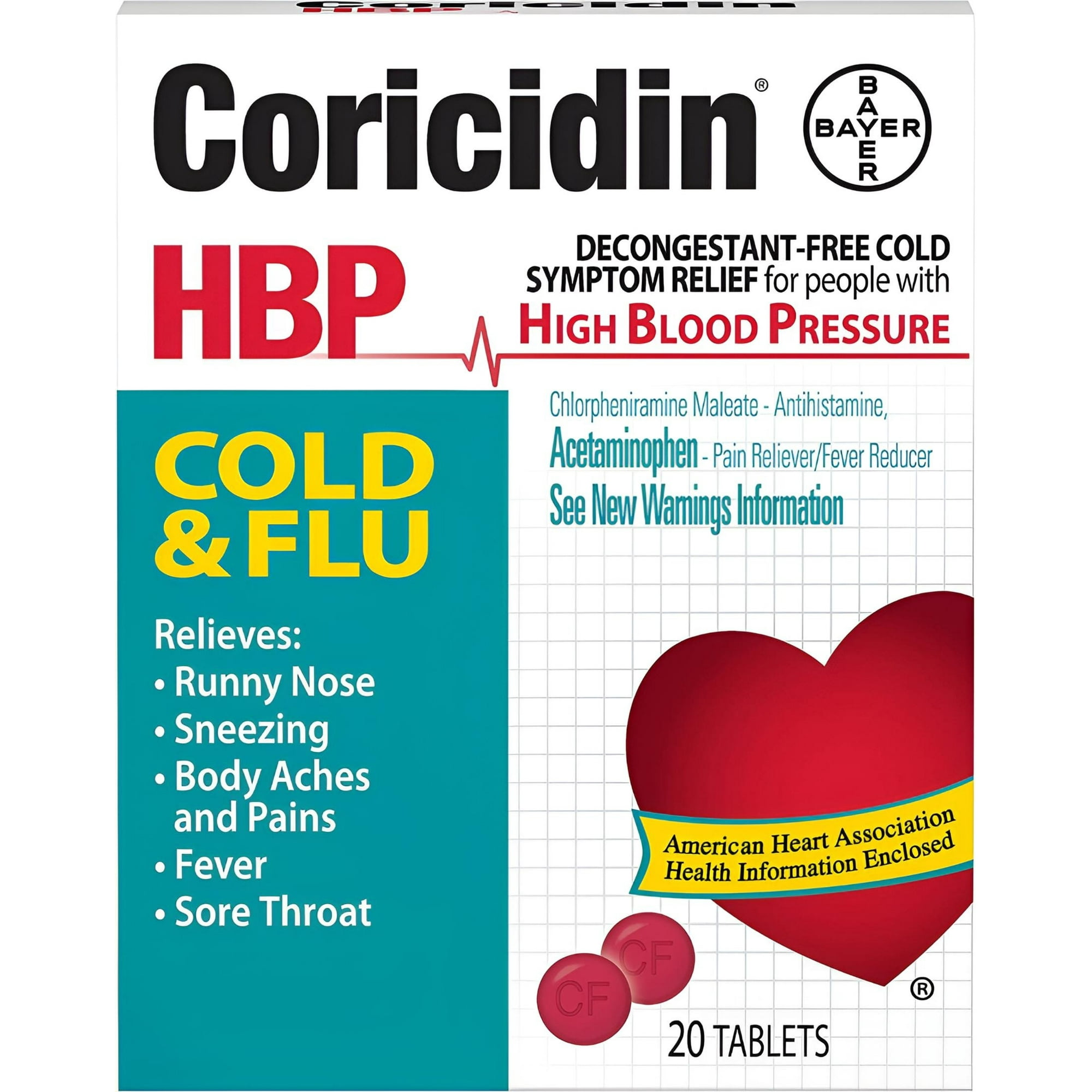 Coricidin HBP Multi-Symptom Cold & Flu Relief Tablets, for High Blood Pressure, 20 Count