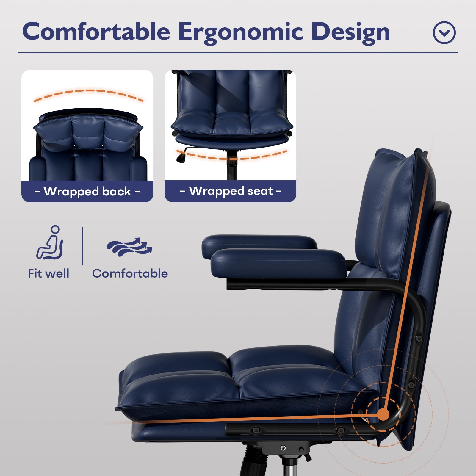 Genpo Blue Office Chair, Mid Century Modern Leather Desk Chair with Arms, Wheels, Thickend Back and Seat, Adjustable Height, Vintage Computer Chair for Home, Office