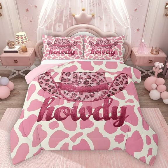 Homewish Cowgirl Hat Bedding Comforter Set 2pcs for Kids Children Teens,Leopard Print Twin Comforter Sets Microfiber,Pink Bling Glitter Breathable Bedding Set,Luxury Bedroom Decor,Reversible