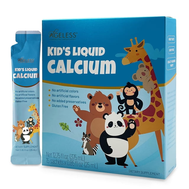 suplemento de calcio líquido ageless para niños, 25 ml (15 unidades) Caja azul frontal con sobre individual a la izquierda; logo Ageless y texto grande 'Kid's Liquid Calcium', ilustraciones de jirafa, oso, panda, mono y mapache en estilo infantil. Frases visibles: sin colores artificiales, sin sabores artificiales, sin conservadores añadidos y libre de gluten. Presentación de 15 sobres de 25 ml; suele usarse como suplemento infantil y a menudo se mezcla con jugos o alimentos blandos para facilitar su toma.