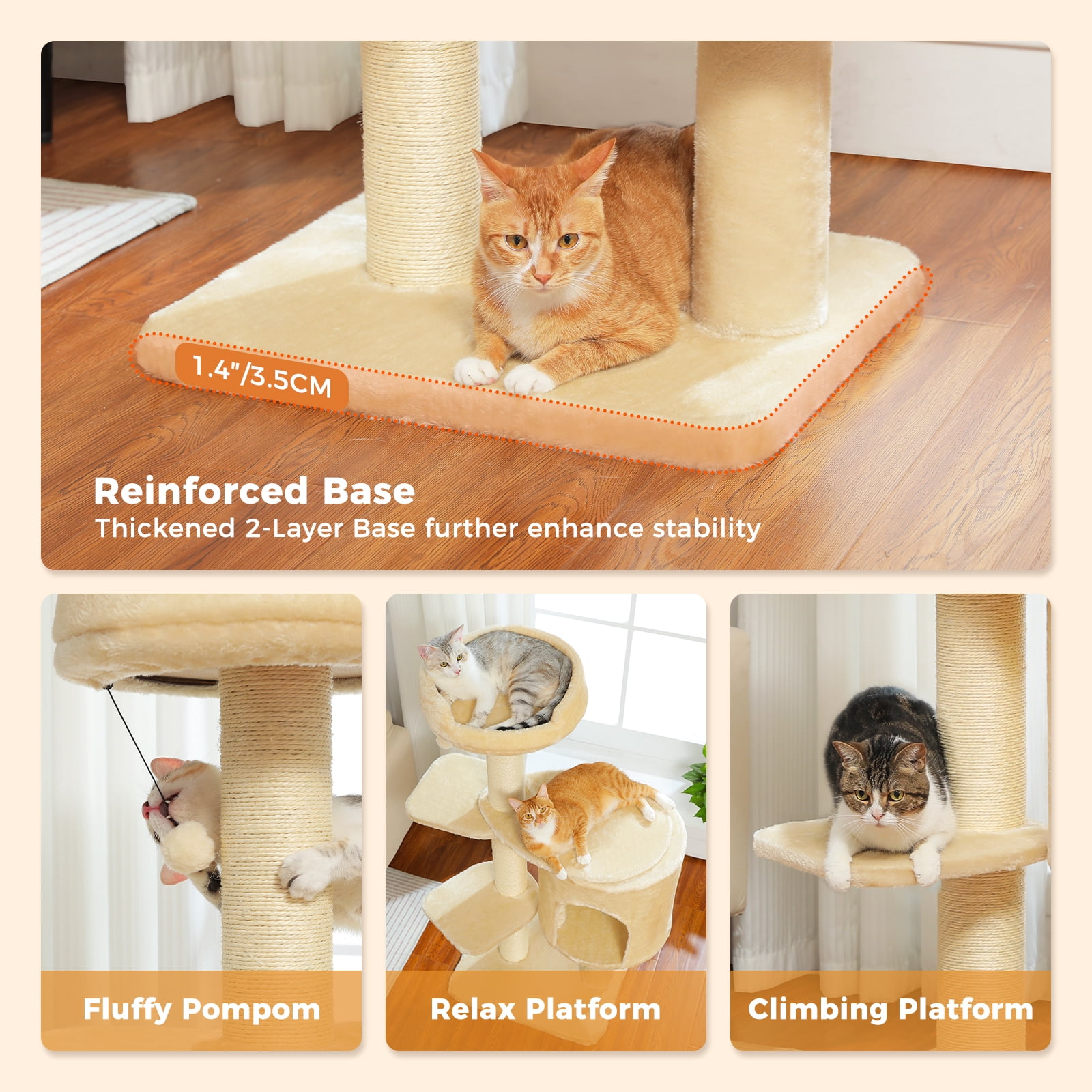 PEQULTI 50" Flower Cat Tree for Cats Indoor 4.1" Thick Scratching Post with 2-Layer Baseboard Beige