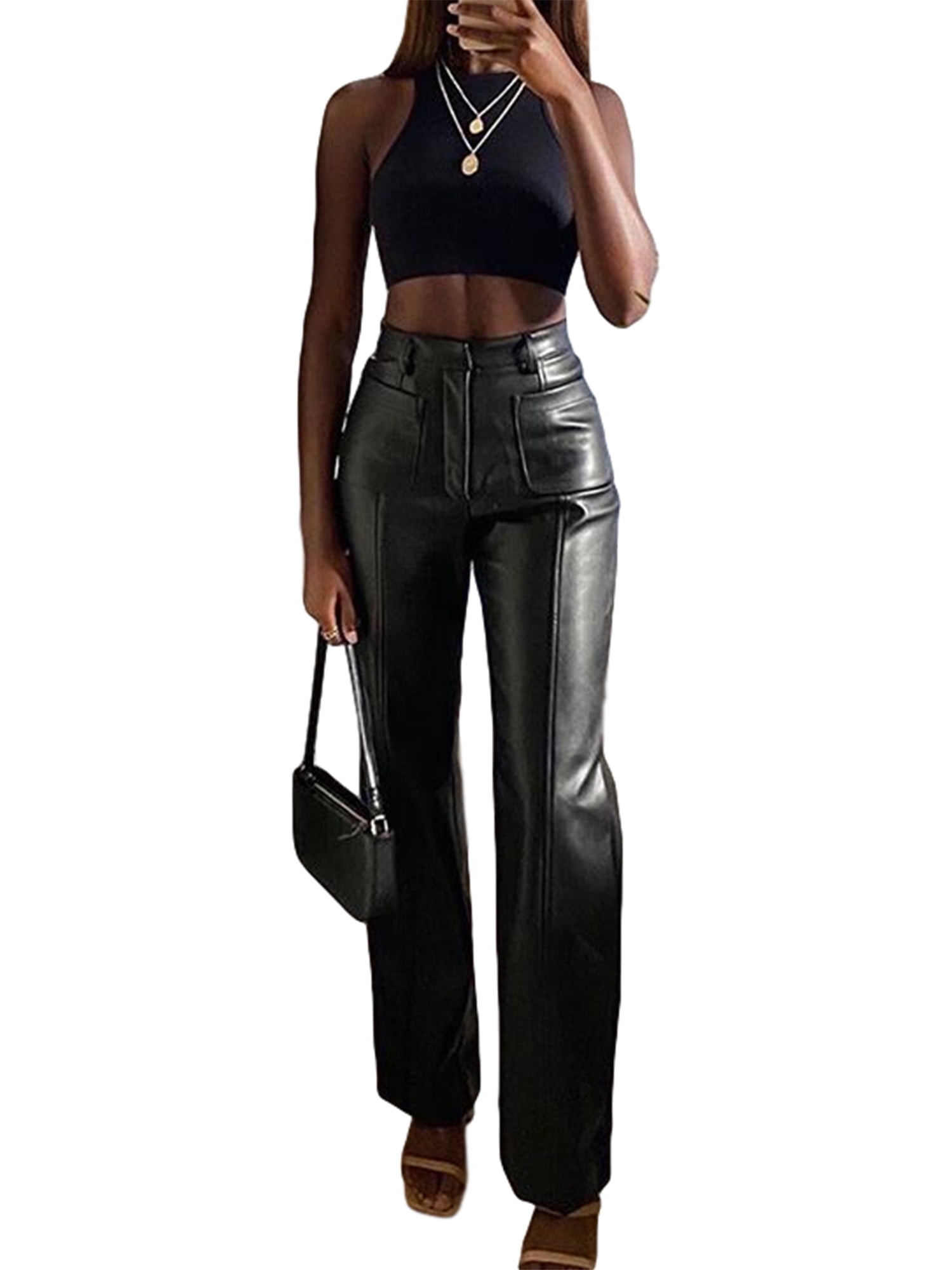EYIIYE Women Faux Leather Pants High 