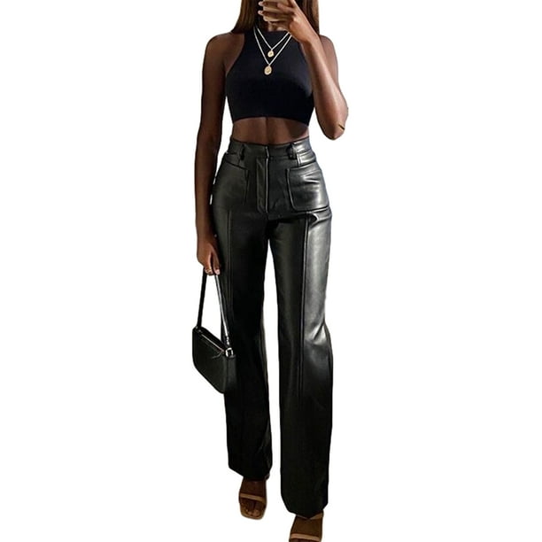 Nokpsedcb Women Faux Leather Pants High Waist Straight Wide Leg Leggings Slim Fit Trousers Club