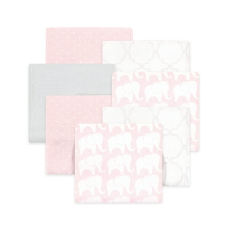 Little Treasure Hudson Baby Girls Cotton Poly Flannel Receiving Blankets 7-Pack, Pink Elephant, 30x30 inches