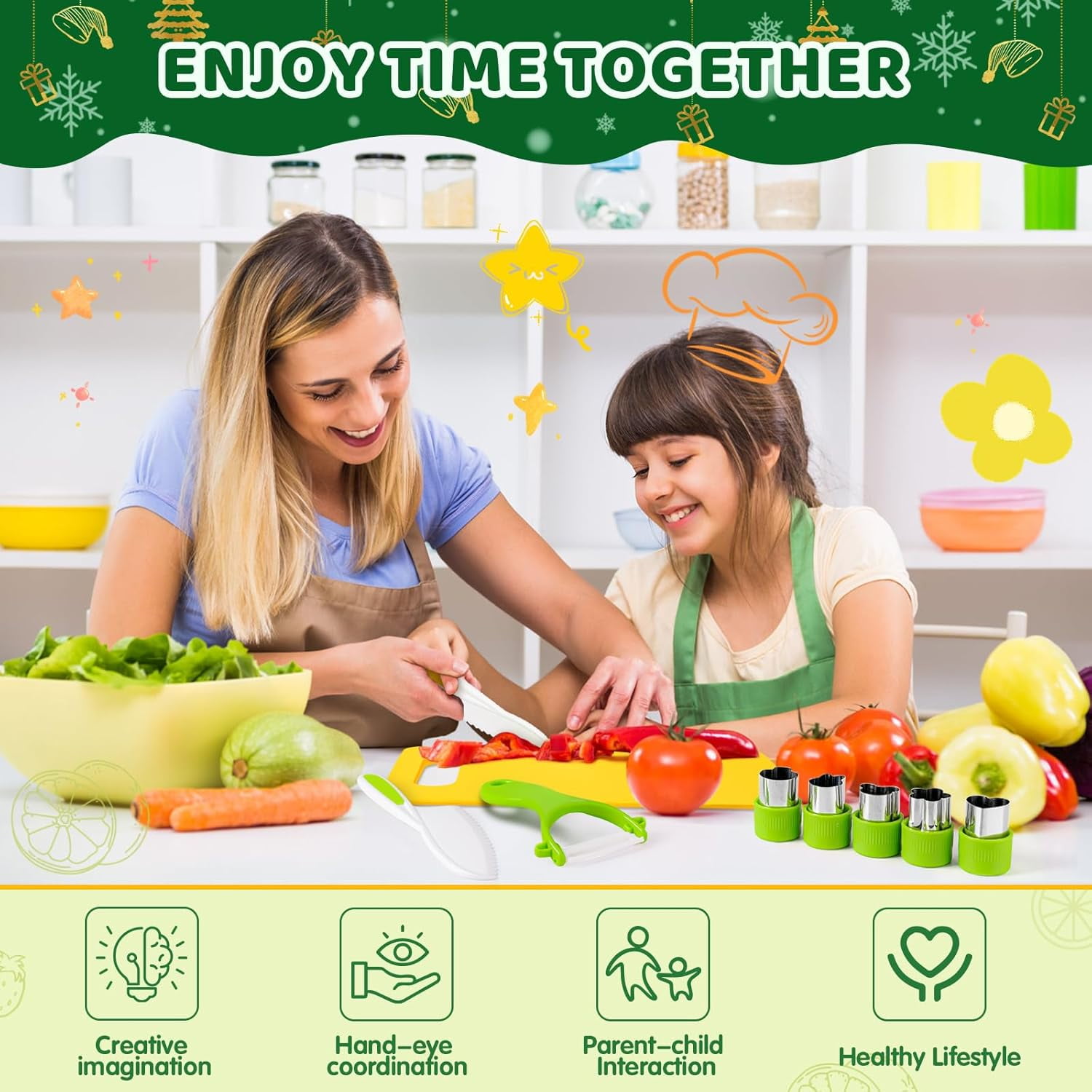 28PCS Kids Knife Set for Real Cooking, Montessori Kids Kitchen Knife Set with Cutting Board Crinkle Cutters Kid Safe Knives, Kitchen Tools Old Girl Boy