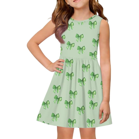 Ruyang Casual Dresses for Teen Girls Bow Print Crewneck A Line Swing Dresses Summer Beach Lightweight Sleeveless Sundress