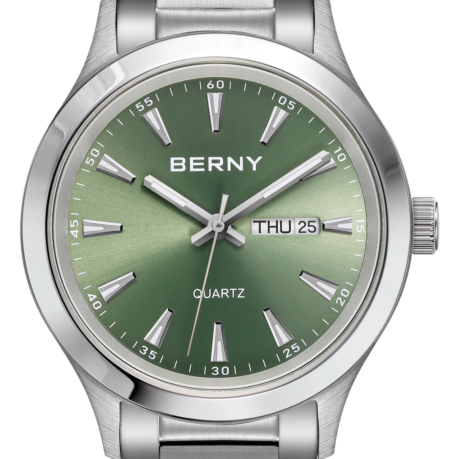 BERNY Quartz Watch for Men, Fashion Sports Wrist Watches with Solid Stainlesss Steel Case & Band, Date & Day Calendar, Casual Waterproof Men's Watches, Green