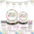 thumbnail image 1 of Vajilla desechable de papel de colores para cumpleaños, arreglos festivos para niños, suministros para platos de papel para tartas de fiesta, 1 of 5