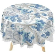 SKYSONIC Watercolor Seastar Conch Round Tablecloth 60inch Indoor Wrinkle Free, Summer Underwater Circular Lace Table Cover Washable for Kitchen Party BBQ Dining Decor