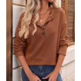 thumbnail image 4 of Women'S Henley Shirts Long Sleeve V Neck Ribbed Button Down Knit Sweater Fitted Tops Caramel Color L, 4 of 9
