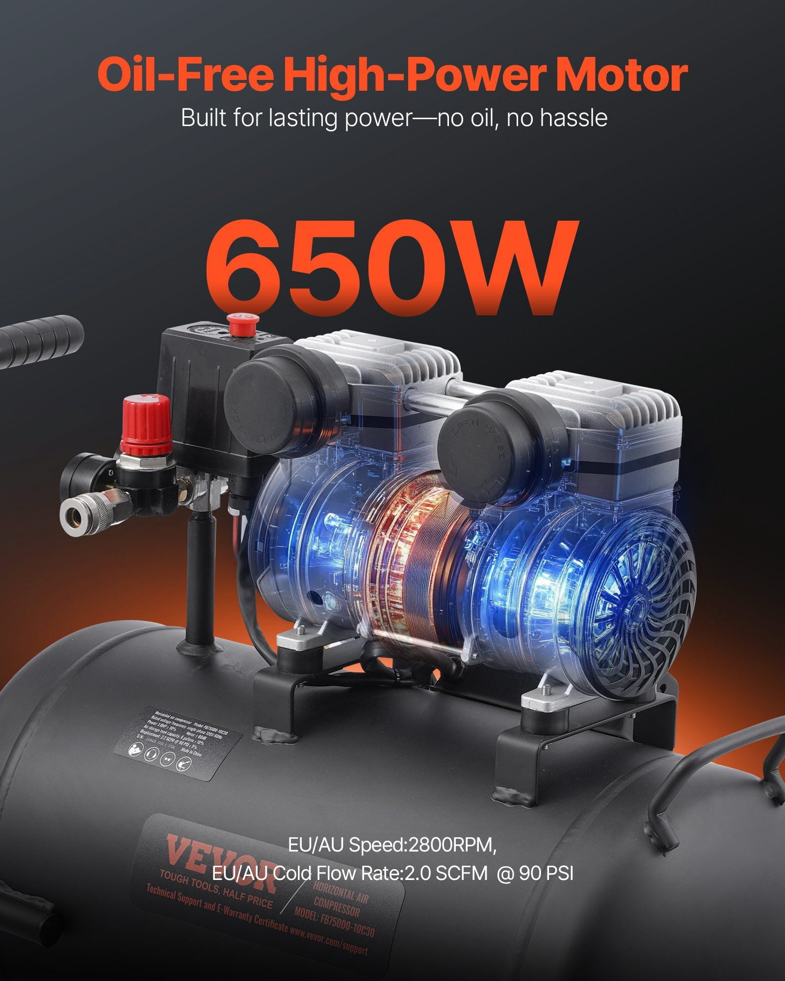 8 Gallon Portable Air Compressor, 1HP Oil-Free 120 PSI Max, Ultra Quiet 80dB for Tire Inflation, Auto Repair, Spray Painting