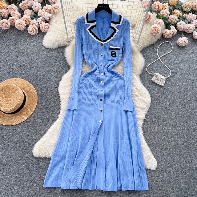 Vestido de suéter de punto para mujer, temperamento, cintura oculta, contraste, vestidos de suéter bordado, largo, Otoño e Invierno
