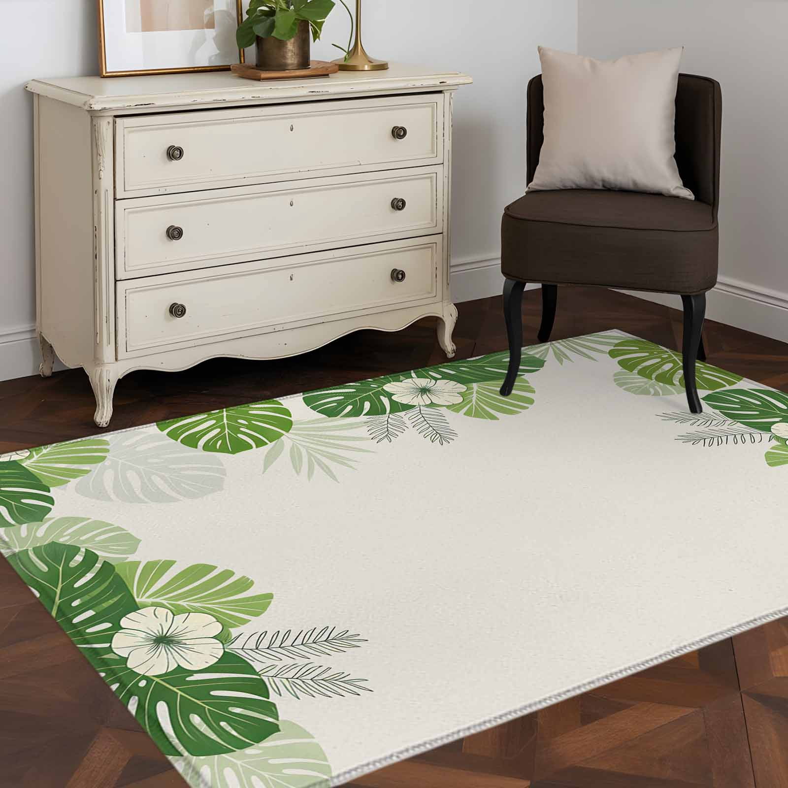 Palm Leaves Area Rugs 2.7'x5', Washable Small Throw Rugs for Kitchen Bedroom, Farmhouse Summer Tropical Leaf Flowers Indoor Outdoor Rug Non-Slip Low Pile Carpet Runner Reversible Floor Mats