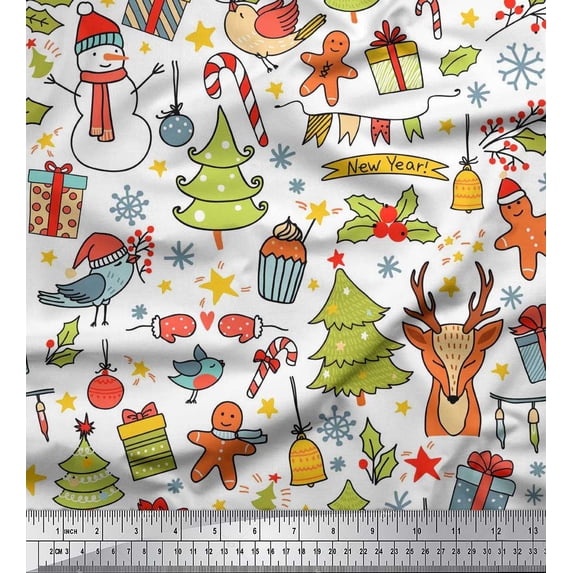 Soimoi Cotton Voile Fabric Gift Box,Snowman & Tree Christmas Fabric Prints By Yard 56 Inch Wide