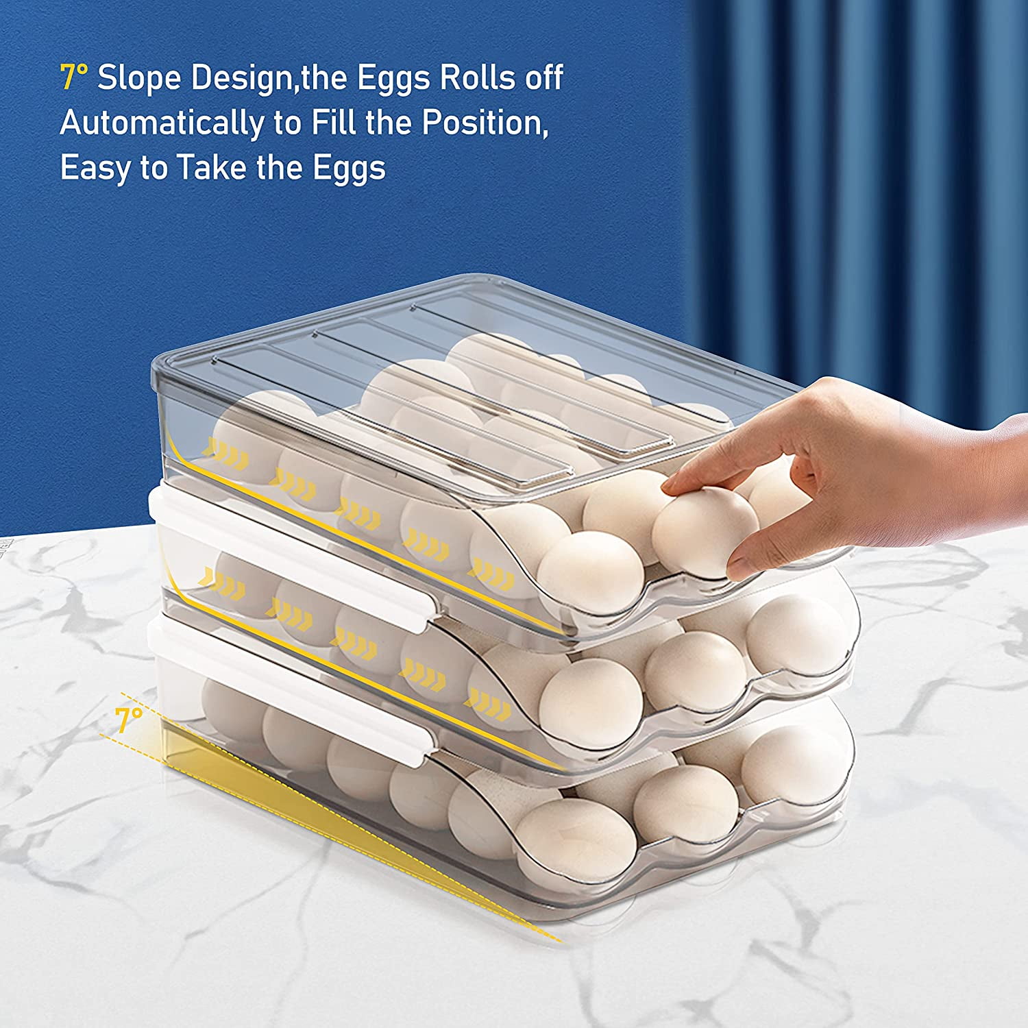 SUNFICON Egg Holder Storage Box with Lid Automatic Rolling Egg Container for Refrigerator Kitchen Egg Tray Organizer Bin for Household (3 layers)