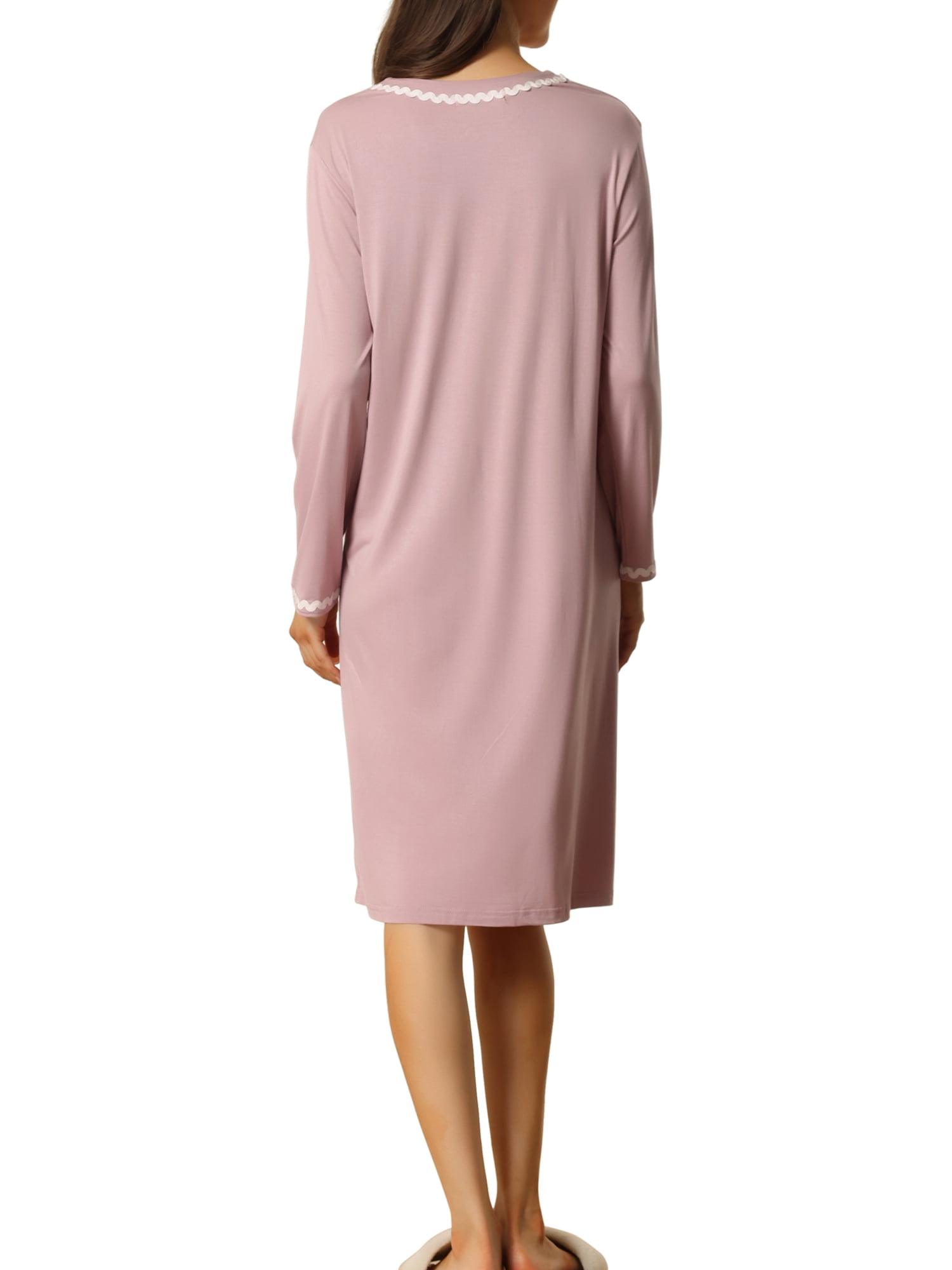 Unique Bargains Womens Nightshirt Button Down Nightgown Long Sleeve Pajama Sleepshirt M Pink