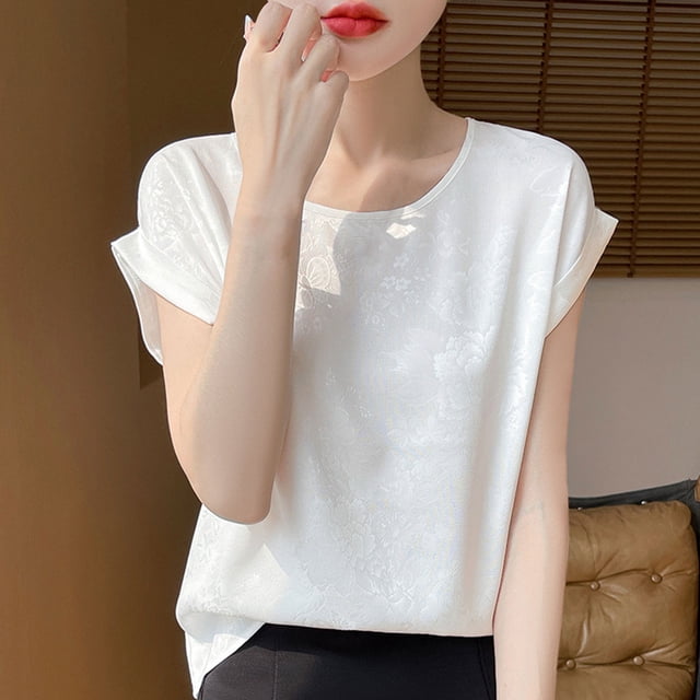 LOVZFMLL Hauts d'Été pour Femmes Mode Chandail Décontracté pour Femmes Couleur Unie Manches Courtes Col Rond