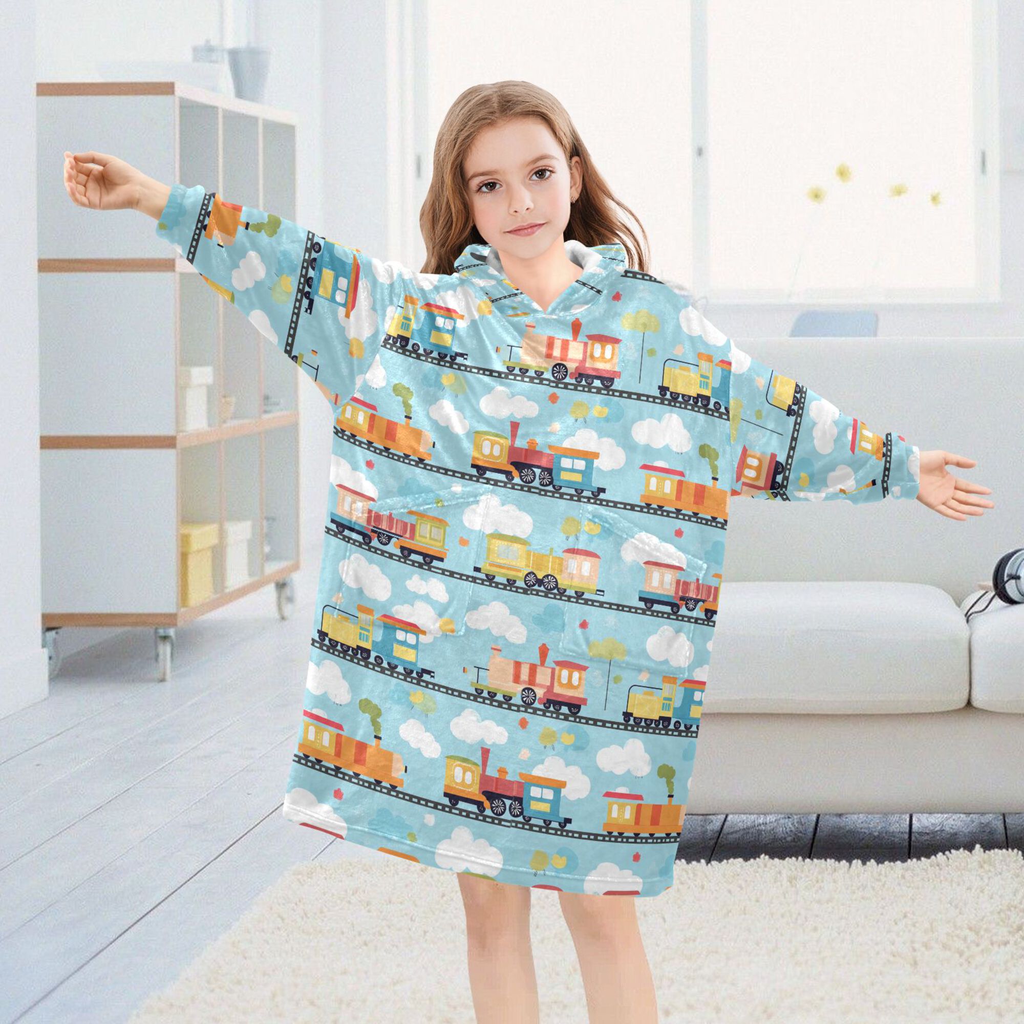 FORMRS Wearable Blanket Hoodie with Sleeves for Kids Cozy Flannel Sweatshirt, Cartoon Train Pattern
