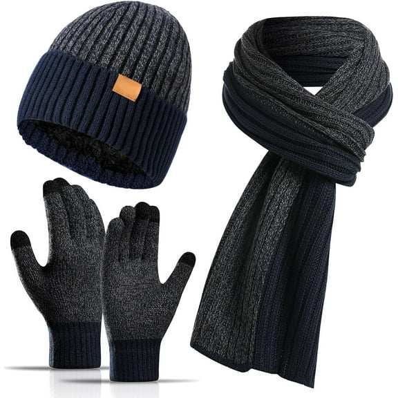 Men's Winter Hat Scarf Gloves Set, 3 PCS Warm Beanie Long Scarf fleece lined Touchscreen Gloves for Cold Weather