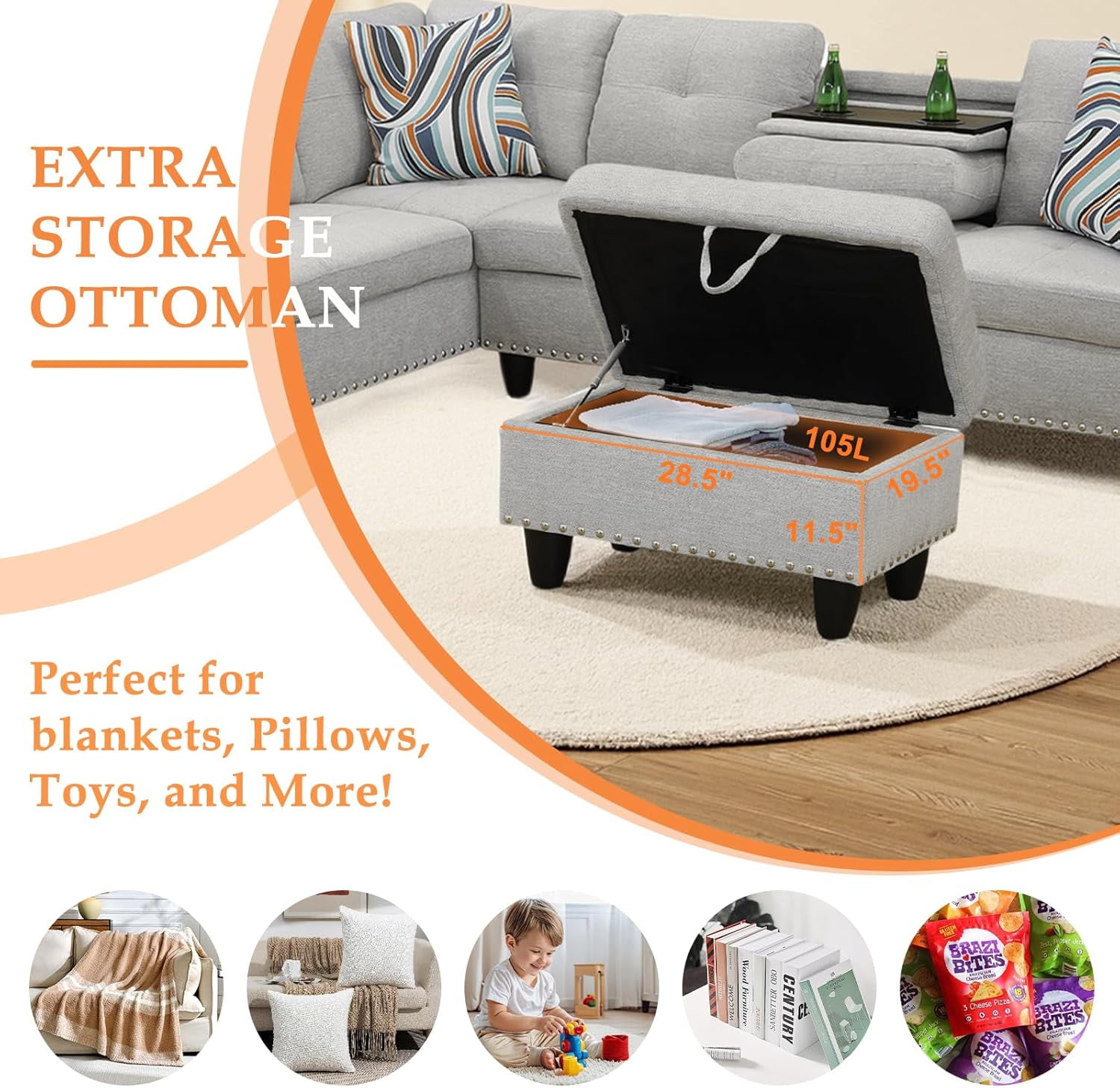 Howcool L Shaped Sectional Sofa, 4 Seater Couch with Chaise Lounge, Storage Ottoman, Cup Holders and Pillows, Modern Linen Fabric Couch for Living Room,Light Gray
