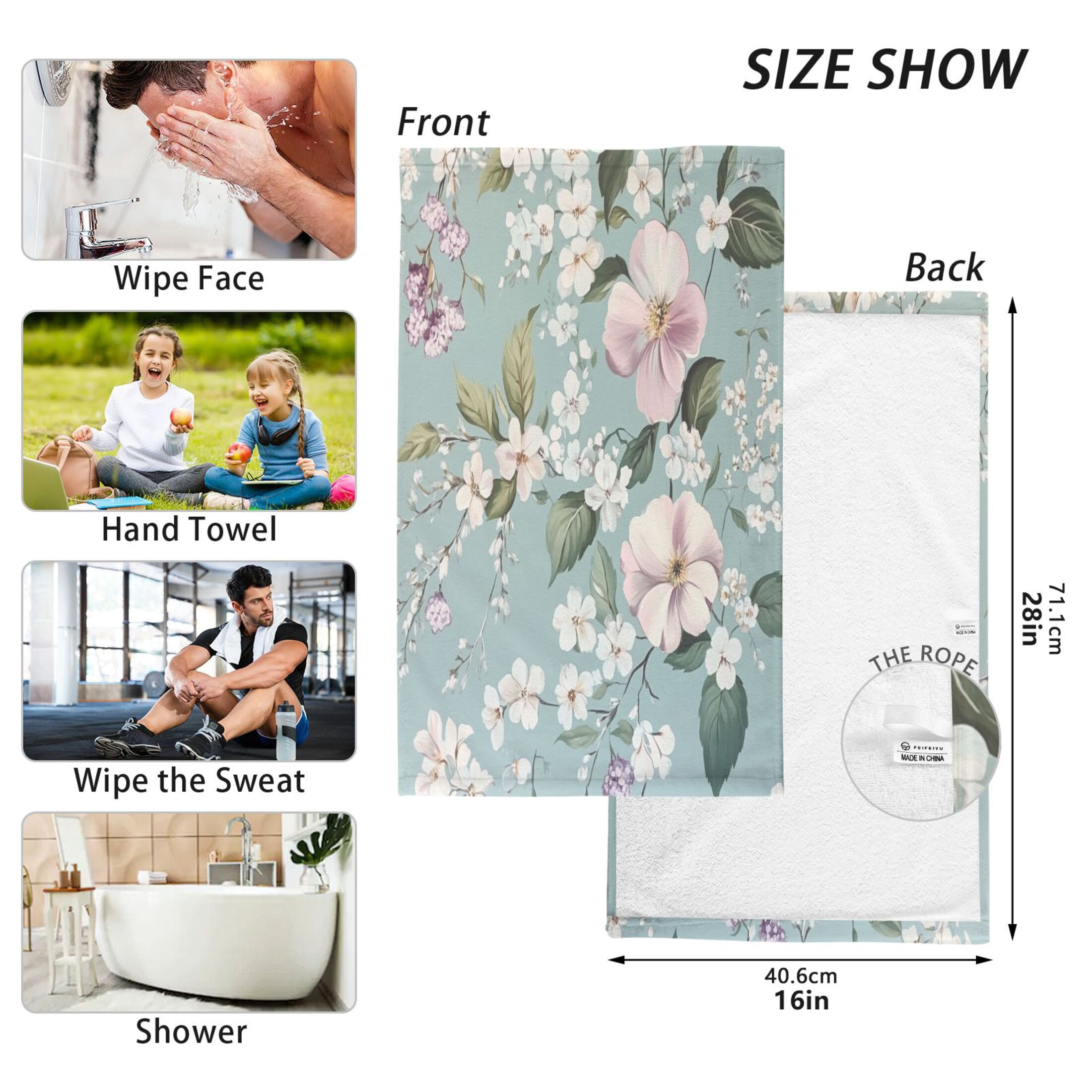 Cotton Towel Two-Piece 16x28 Inch One Sizex2 Face Towel Set Towel Set Cotton Hand Bath Towel Bathroom Beach Colorful Flower