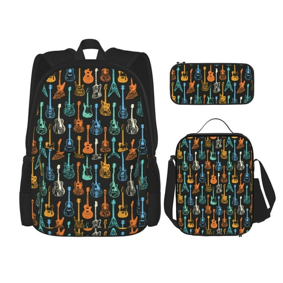 Disketp Colorful Guitar Mochila Estampada de Gran Capacidad con Lonchera y Estuche, Set de 3 Piezas para Estudiantes