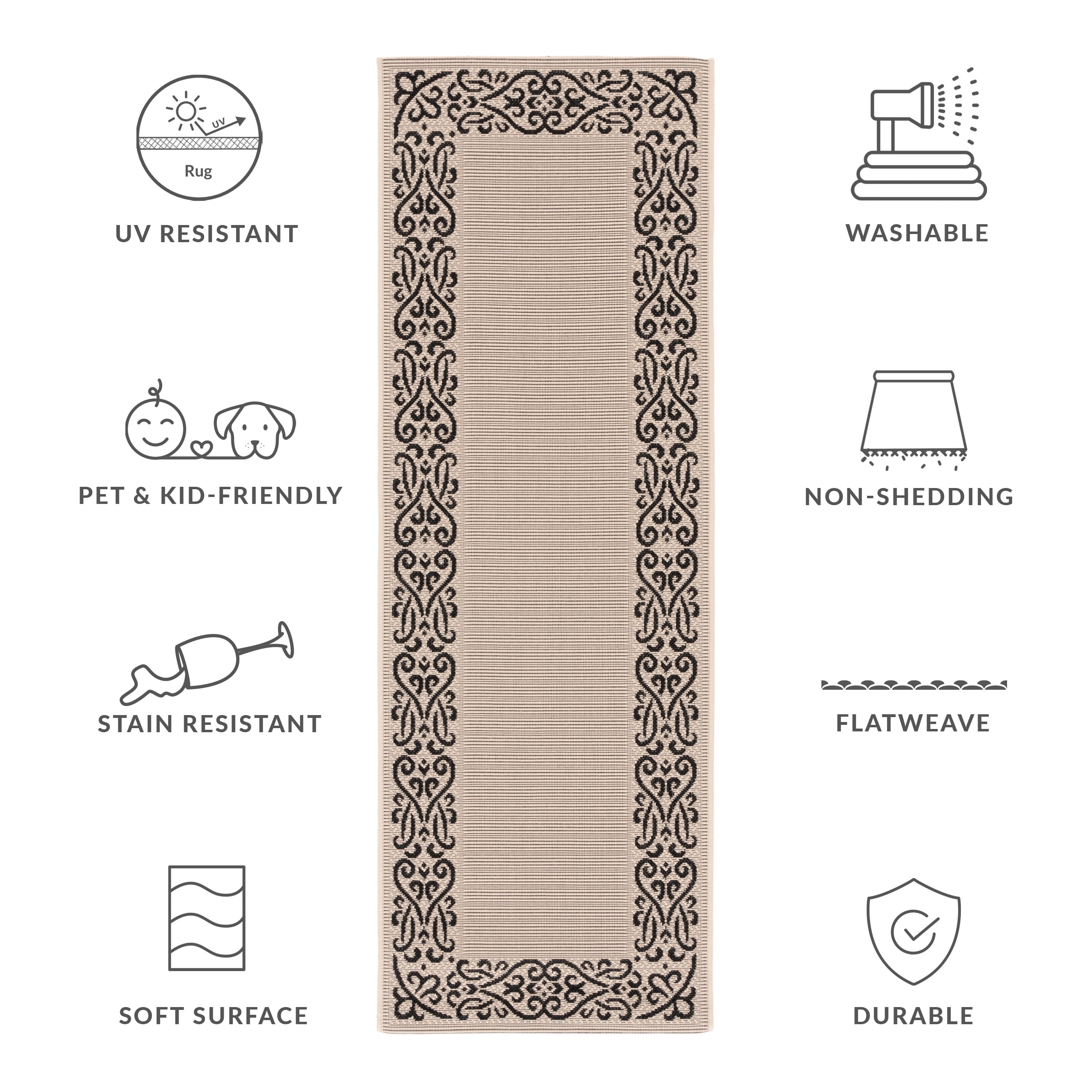 Safavieh Courtyard Ellie Oriental Indoor/Outdoor Runner Rug, Sand/Black, 2'3" x 14'
