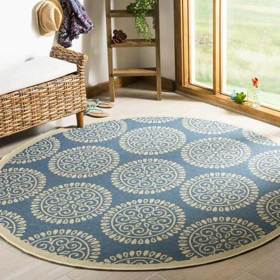 SAFAVIEH Outdoor LND176M Linden Collection Blue / Creme Rug