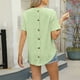thumbnail image 5 of Camisetas de Manga Larga de las Mujeres de Color Sólido Botón Trasero Manga Corta Superior, Suelto Ajuste Casual Camiseta Diaria, 5 of 8