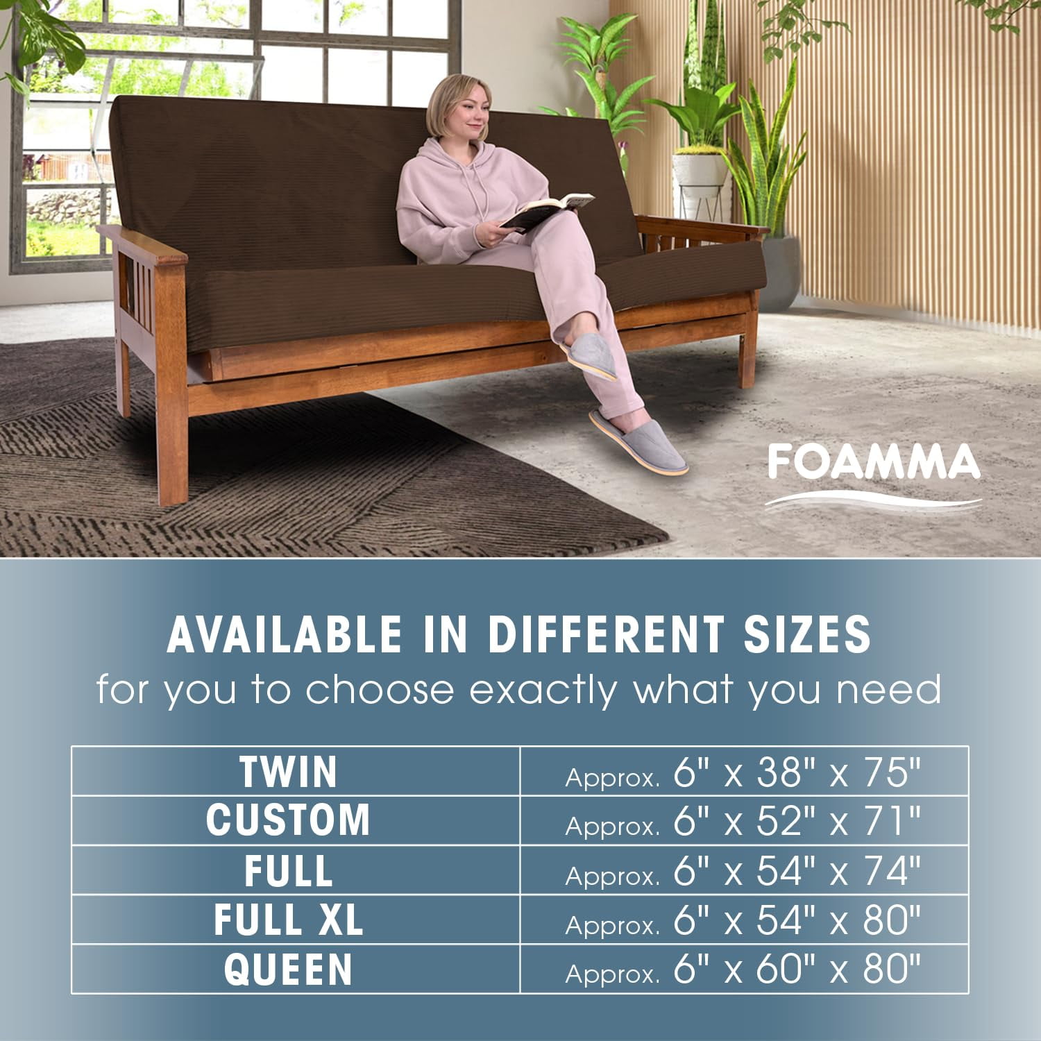 Foamma Memory Foam Futon Mattress, Double-Sided Foldout Couch Futon Mattress - Twin Size (Brown) - Comfortable and Heavy Duty Sofa Bed, Thick Corded Cushion for All (Frame NOT Included)