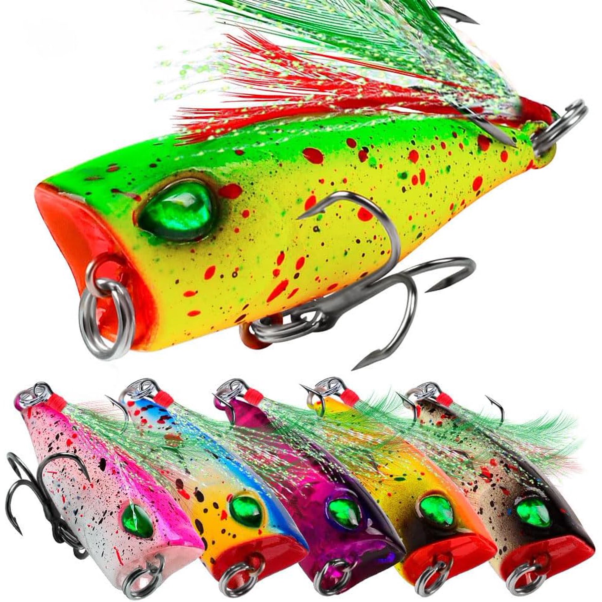 6pcs Mini Popper Fishing Lures (1.57 in 0.12oz) Topwater Hard Bait Artificial Wobblers Plastic Fishing Tackle with 10# Feather Hooks