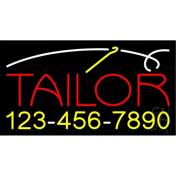 Red Tailor with Phone Number LED Neon Sign 13" Tall x 24" Wide - inches, Black Square Cut Acrylic Backing, with Dimmer - Bright and Premium built indoor LED Neon Sign for Storefront.