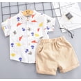 thumbnail image 1 of Little Boys Dinosaurs Pattern Short Sleeve Button-Down Mock Top Short Solid Color Elastic Band Pockets Pants, 1 of 3