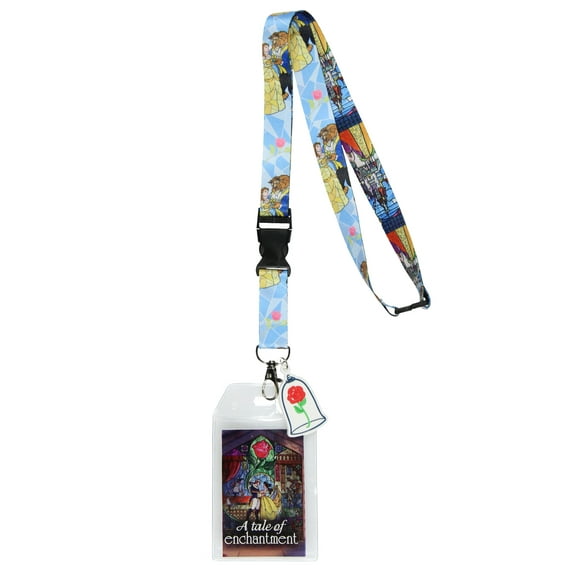 Disney Beauty and the Beast A Tale of Enchantment Lanyard with ID badge Holder and 2" Rose Rubber Charm